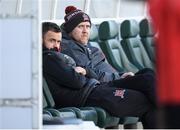 18 April 2022; Robbie Benson of Dundalk, left, and Dundalk media content officer Gavin McLaughlin before the SSE Airtricity League Premier Division match between Shamrock Rovers and Dundalk at Tallaght Stadium in Dublin. Photo by Eóin Noonan/Sportsfile