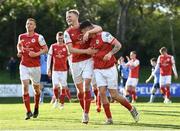 18 April 2022; Joe Redmond of St Patrick's Athletic, right, celebrates with team mate Tom Grivosti after scoring their side's second goal during the SSE Airtricity League Premier Division match between UCD and St Patrick's Athletic at UCD Bowl in Belfield, Dublin.  Photo by David Fitzgerald/Sportsfile