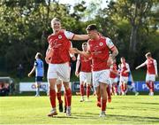 18 April 2022; Joe Redmond of St Patrick's Athletic, right, celebrates with team mate Tom Grivosti after scoring their side's second goal during the SSE Airtricity League Premier Division match between UCD and St Patrick's Athletic at UCD Bowl in Belfield, Dublin. Photo by David Fitzgerald/Sportsfile