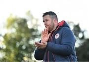 18 April 2022; St Patrick's Athletic manager Tim Clancy applauds the support after the SSE Airtricity League Premier Division match between UCD and St Patrick's Athletic at UCD Bowl in Belfield, Dublin. Photo by David Fitzgerald/Sportsfile
