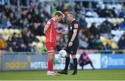 18 April 2022; Greg Sloggett of Dundalk protests to referee Ray Matthews during the SSE Airtricity League Premier Division match between Shamrock Rovers and Dundalk at Tallaght Stadium in Dublin. Photo by Eóin Noonan/Sportsfile