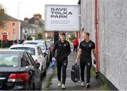 18 April 2022; Cian Byrne, left, and Bohemians goalkeeper James Talbot arrive for the SSE Airtricity League Premier Division match between Shelbourne and Bohemians at Tolka Park in Dublin. Photo by Stephen McCarthy/Sportsfile