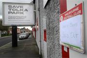 18 April 2022; A Save Tolka Park sign outside Tolka Park before the SSE Airtricity League Premier Division match between Shelbourne and Bohemians at Tolka Park in Dublin. Photo by Stephen McCarthy/Sportsfile