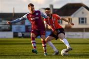 18 April 2022; Daniel Lafferty of Derry City in action against Dayle Rooney of Drogheda United during the SSE Airtricity League Premier Division match between Drogheda United and Derry City at Head in the Game Park in Drogheda, Louth. Photo by Ben McShane/Sportsfile