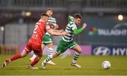 18 April 2022; Dylan Watts of Shamrock Rovers in action against Lewis Macari of Dundalk during the SSE Airtricity League Premier Division match between Shamrock Rovers and Dundalk at Tallaght Stadium in Dublin. Photo by Eóin Noonan/Sportsfile