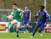 18 April 2022; Ruairi Keating of Cork City in action against Roland Idowu of Waterford during the SSE Airtricity League First Division match between Waterford and Cork City at RSC in Waterford. Photo by Michael P Ryan/Sportsfile