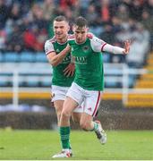 18 April 2022; Matt Healy of Cork City, right, celebrates with team-mate Aaron Bolger after scoring his side's first goal with team-mates during the SSE Airtricity League First Division match between Waterford and Cork City at RSC in Waterford. Photo by Michael P Ryan/Sportsfile
