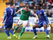 18 April 2022; Kevin O'Connor of Cork City in action against Shane Griffin, left, and Roland Idowu of Waterford during the SSE Airtricity League First Division match between Waterford and Cork City at RSC in Waterford. Photo by Michael P Ryan/Sportsfile