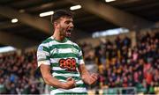 18 April 2022; Danny Mandroiu of Shamrock Rovers celebrates after scoring his side's first goal during the SSE Airtricity League Premier Division match between Shamrock Rovers and Dundalk at Tallaght Stadium in Dublin. Photo by Eóin Noonan/Sportsfile