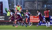18 April 2022; Ryan Brennan of Drogheda United, left, celebrates with his teammates after scoring his side's first goal during the SSE Airtricity League Premier Division match between Drogheda United and Derry City at Head in the Game Park in Drogheda, Louth. Photo by Ben McShane/Sportsfile
