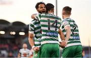 18 April 2022; Danny Mandroiu of Shamrock Rovers, 14, celebrates with teammate Barry Cotter after scoring his side's first goal during the SSE Airtricity League Premier Division match between Shamrock Rovers and Dundalk at Tallaght Stadium in Dublin. Photo by Eóin Noonan/Sportsfile