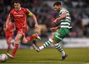 18 April 2022; Danny Mandroiu of Shamrock Rovers shoots to score his side's first goal during the SSE Airtricity League Premier Division match between Shamrock Rovers and Dundalk at Tallaght Stadium in Dublin. Photo by Eóin Noonan/Sportsfile