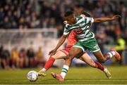 18 April 2022; Aidomo Emakhu of Shamrock Rovers in action against Ryan O'Kane of Dundalk during the SSE Airtricity League Premier Division match between Shamrock Rovers and Dundalk at Tallaght Stadium in Dublin. Photo by Eóin Noonan/Sportsfile