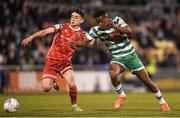 18 April 2022; Aidomo Emakhu of Shamrock Rovers in action against Ryan O'Kane of Dundalk during the SSE Airtricity League Premier Division match between Shamrock Rovers and Dundalk at Tallaght Stadium in Dublin. Photo by Eóin Noonan/Sportsfile