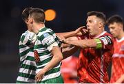 18 April 2022; Brian Gartland of Dundalk tussles with Danny Mandroiu of Shamrock Rovers after being shown a red card by referee Ray Matthews during the SSE Airtricity League Premier Division match between Shamrock Rovers and Dundalk at Tallaght Stadium in Dublin. Photo by Eóin Noonan/Sportsfile