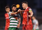 18 April 2022; Brian Gartland of Dundalk tussles with Danny Mandroiu of Shamrock Rovers after being shown a red card by referee Ray Matthews during the SSE Airtricity League Premier Division match between Shamrock Rovers and Dundalk at Tallaght Stadium in Dublin. Photo by Eóin Noonan/Sportsfile