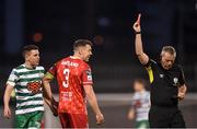 18 April 2022; Brian Gartland of Dundalk is shown a red card by referee Ray Matthews during the SSE Airtricity League Premier Division match between Shamrock Rovers and Dundalk at Tallaght Stadium in Dublin. Photo by Eóin Noonan/Sportsfile