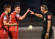 18 April 2022; Brian Gartland of Dundalk protests to referee Ray Matthews after being shown a red card during the SSE Airtricity League Premier Division match between Shamrock Rovers and Dundalk at Tallaght Stadium in Dublin. Photo by Eóin Noonan/Sportsfile
