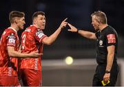 18 April 2022; Brian Gartland of Dundalk protests to referee Ray Matthews after being shown a red card during the SSE Airtricity League Premier Division match between Shamrock Rovers and Dundalk at Tallaght Stadium in Dublin. Photo by Eóin Noonan/Sportsfile