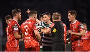 18 April 2022; Brian Gartland of Dundalk tussles with Gary O'Neill of Shamrock Rovers after being sent off by referee Ray Matthews during the SSE Airtricity League Premier Division match between Shamrock Rovers and Dundalk at Tallaght Stadium in Dublin. Photo by Eóin Noonan/Sportsfile