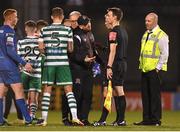 18 April 2022; Dundalk head coach Stephen O'Donnell with referee Ray Matthews after the SSE Airtricity League Premier Division match between Shamrock Rovers and Dundalk at Tallaght Stadium in Dublin. Photo by Eóin Noonan/Sportsfile