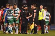 18 April 2022; Dundalk head coach Stephen O'Donnell with referee Ray Matthews after the SSE Airtricity League Premier Division match between Shamrock Rovers and Dundalk at Tallaght Stadium in Dublin. Photo by Eóin Noonan/Sportsfile