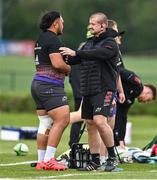 19 April 2022; Forwards coach Graham Rowntree, right, with Roman Salanoa during a Munster rugby squad training session at the University of Limerick in Limerick. Photo by Brendan Moran/Sportsfile