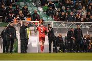 18 April 2022; Dundalk head coach Stephen O'Donnell with Brian Gartland of Dundalk after he was shown a red card during the SSE Airtricity League Premier Division match between Shamrock Rovers and Dundalk at Tallaght Stadium in Dublin.  Photo by Eóin Noonan/Sportsfile