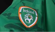 22 March 2022; A detailed view the crest on the front of the Republic of Ireland jersey during a Republic of Ireland squad portrait session at Castleknock Hotel in Dublin. Photo by Stephen McCarthy/Sportsfile