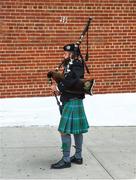 17 April 2022; Piper Brandon Hogan of the Bergen Irish Pipe Band warms-up ahead of the Connacht GAA Football Senior Championship Quarter-Final match between New York and Sligo at Gaelic Park in New York, USA. Photo by Daire Brennan/Sportsfile