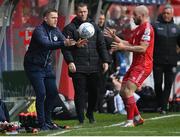 18 April 2022; Shelbourne manager Damien Duff and Mark Coyle during the SSE Airtricity League Premier Division match between Shelbourne and Bohemians at Tolka Park in Dublin. Photo by Stephen McCarthy/Sportsfile