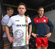 18 April 2022; Bohemians captain Conor Levingston and Shelbourne captain Luke Byrne wait to lead their side's out before the SSE Airtricity League Premier Division match between Shelbourne and Bohemians at Tolka Park in Dublin. Photo by Stephen McCarthy/Sportsfile