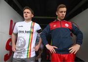 18 April 2022; Bohemians captain Conor Levingston and Shelbourne captain Luke Byrne wait to lead their side's out before the SSE Airtricity League Premier Division match between Shelbourne and Bohemians at Tolka Park in Dublin. Photo by Stephen McCarthy/Sportsfile