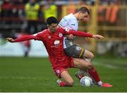 18 April 2022; Shane Griffin of Shelbourne in action against Tyreke Wilson of Bohemians during the SSE Airtricity League Premier Division match between Shelbourne and Bohemians at Tolka Park in Dublin. Photo by Stephen McCarthy/Sportsfile