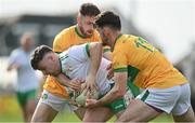 17 April 2022; Nathan McElwaine of London in action against Conor Reynolds, left, and Mark Plunkett of Leitrim during the Connacht GAA Football Senior Championship Quarter-Final match between London and Leitrim at McGovern Park in Ruislip, London, England. Photo by Sam Barnes/Sportsfile