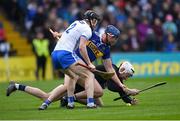 17 April 2022; Waterford goalkeeper Shaun O'Brien, supported by teammate Conor Gleeson, in action against Jason Forde of Tipperary during the Munster GAA Hurling Senior Championship Round 1 match between Waterford and Tipperary at Walsh Park in Waterford. Photo by Piaras Ó Mídheach/Sportsfile