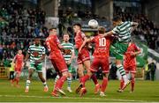 18 April 2022; Lee Grace of Shamrock Rovers in action against Greg Sloggett of Dundalk during the SSE Airtricity League Premier Division match between Shamrock Rovers and Dundalk at Tallaght Stadium in Dublin.  Photo by Eóin Noonan/Sportsfile