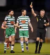 18 April 2022; Roberto Lopes of Shamrock Rovers protests to referee Ray Matthews during the SSE Airtricity League Premier Division match between Shamrock Rovers and Dundalk at Tallaght Stadium in Dublin.  Photo by Eóin Noonan/Sportsfile