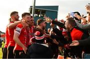 9 April 2022; A general view of Derry City players celebring with their fans during the SSE Airtricity League Premier Division match between Finn Harps and Derry City at Finn Park in Ballybofey, Donegal. Photo by Oliver McVeigh/Sportsfile