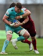 16 April 2022; Jacques Vermeulen of Exeter Chiefs is tackled by Peter O'Mahony of Munster during the Heineken Champions Cup Round of 16 Second Leg match between Munster and Exeter Chiefs at Thomond Park in Limerick. Photo by Brendan Moran/Sportsfile