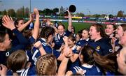 21 April 2022; North Midlands captain Koren Dunne and her teammates celebrate with the Sarah Robinson cup after winning the championship in the Leinster Rugby Under 18 Sarah Robinson Cup Final Round match between South East and North Midlands at Energia Park in Dublin. Photo by Brendan Moran/Sportsfile