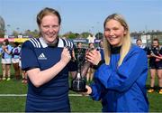 21 April 2022; The North Midlands co-captains Koren Dunne, left, and Alanna Fitzpatrick celebrate with the Sarah Robinson cup after the Leinster Rugby Under 18 Sarah Robinson Cup Final Round match between South East and North Midlands at Energia Park in Dublin. Photo by Brendan Moran/Sportsfile