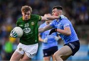 21 April 2022; Alan Bowden of Meath is tackled by Adam Waddick of Dublin during the EirGrid Leinster GAA Football U20 Championship Semi-Final match between Dublin and Meath at Parnell Park in Dublin. Photo by Ray McManus/Sportsfile