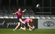 22 April 2022; David Hawkshaw and Ciarán Frawley kick during a Leinster Rugby Captain's Run at Jonsson Kings Park Stadium in Durban, South Africa. Photo by Harry Murphy/Sportsfile