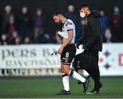 15 April 2022; Robbie Benson of Dundalk leaves the pitch to receive medical attention during the SSE Airtricity League Premier Division match between Dundalk and Sligo Rovers at Oriel Park in Dundalk, Louth. Photo by Piaras Ó Mídheach/Sportsfile