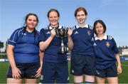 21 April 2022; North Midlands players from Portlaoise Rugby club, from left, Ava Murphy, Koren Dunne, Ellen Dunne and Erin Fitzpatrick celebrate with the Sarah Robinson cup after the Leinster Rugby Under 18 Sarah Robinson Cup Final Round match between South East and North Midlands at Energia Park in Dublin. Photo by Brendan Moran/Sportsfile