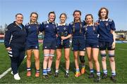 21 April 2022; North Midlands players from Athy Rugby club, from left, Allie Henry, Amy Lynch, Fiona Fennessy, Roisin Kehoe, Alannah O'Brien and Ruth Whittle celebrate with the Sarah Robinson cup after the Leinster Rugby Under 18 Sarah Robinson Cup Final Round match between South East and North Midlands at Energia Park in Dublin. Photo by Brendan Moran/Sportsfile  Photo by Brendan Moran/Sportsfile