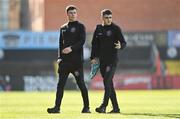 22 April 2022; Bohemians players James Finnerty, left, and Dawson Devoy before the SSE Airtricity League Premier Division match between Bohemians and Shamrock Rovers at Dalymount Park in Dublin. Photo by Seb Daly/Sportsfile