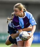 21 April 2022; Molly O’Gorman of South East is tackled by Fiona Fennessy of North Midlands during the Leinster Rugby Under 18 Sarah Robinson Cup Final Round match between South East and North Midlands at Energia Park in Dublin. Photo by Brendan Moran/Sportsfile