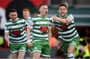 22 April 2022; Andy Lyons of Shamrock Rovers celebrates after scoring his side's first goal with team-mate Lee Grace, right, during the SSE Airtricity League Premier Division match between Bohemians and Shamrock Rovers at Dalymount Park in Dublin. Photo by Stephen McCarthy/Sportsfile